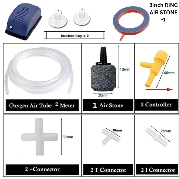 KSH Store-Aquarium BL-108 Air Pump. Single Nozzle, 2 Speed, 3 Watt & 3.5 LMin. O2 TUBE 2METER,1 AIR STONE,2 CONTROLER,2+ CONECTOR,2T CONECTOR,2 I CONECTOR,2SUCTION CUP,3 INCH RING AIR STONE