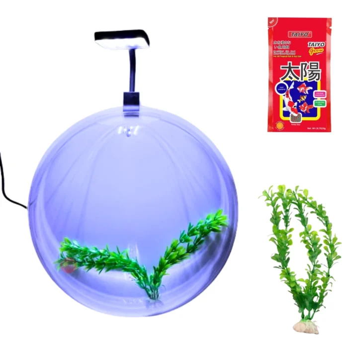Wall Hanging Fish Bowl Acrylic (Not Glass) 15 Inches,Plant 8 INCh,Fish Food,360 Degree Pent Clip Light 6.4W,with White Colour (15)