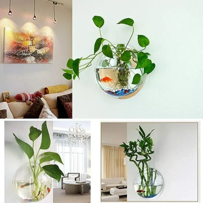 Wall Hanging Fish Bowl Acrylic (Not Glass) 15 Inches,Plant 8 INCh,Fish Food,360 Degree Pent Clip Light 6.4W,with White Colour (15)