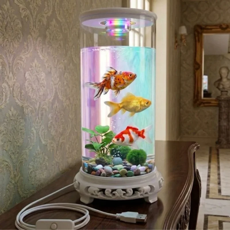 Round Betta Fishtank Transparent Small With USB 7 Colour LED Light (Black or white) FOOD.PLANT